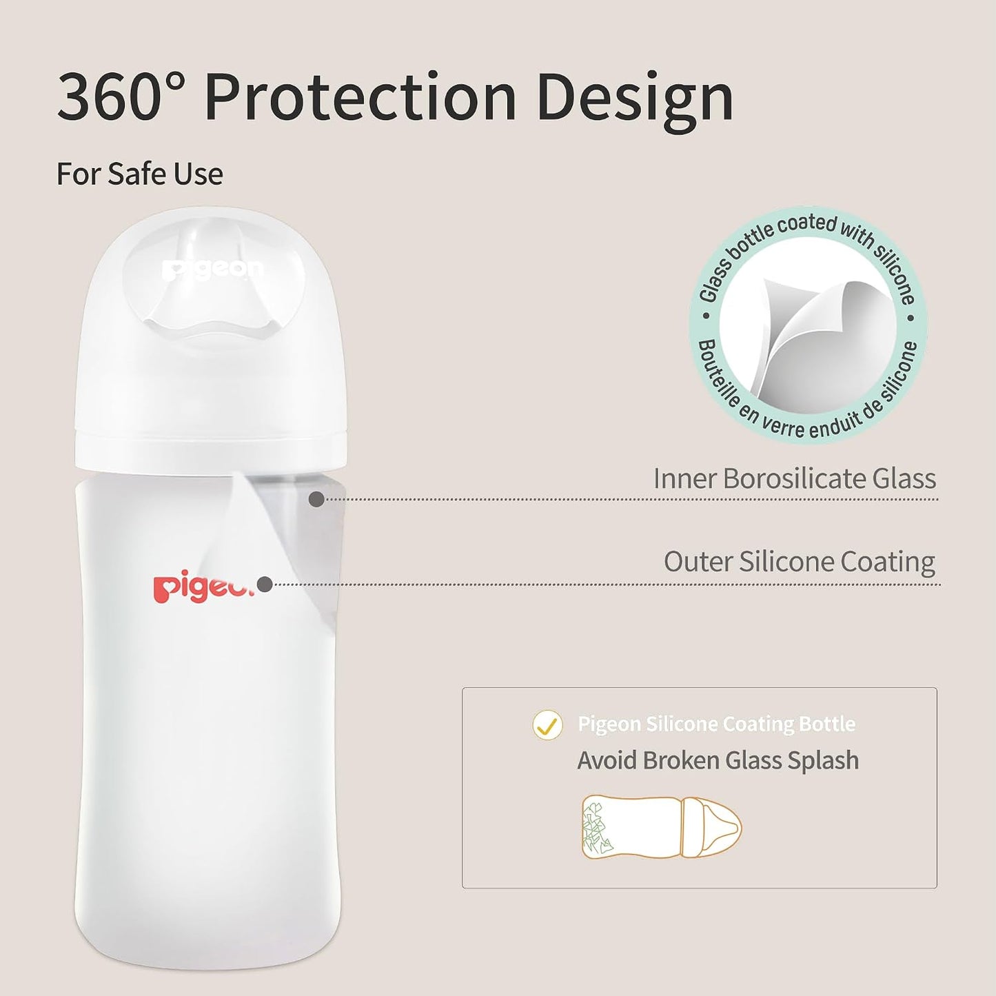 Pigeon Silicone Coating (Glass Inside/Silicone Outside) Baby Bottle, Wide Neck